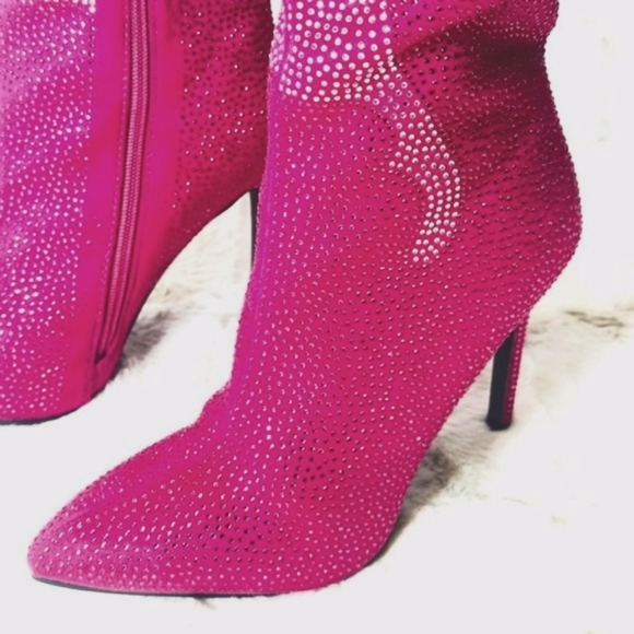 Hot Pink & Silver Rhinestone Flame Detail Sexy OTK Thigh Boots - Picture 10 of 13